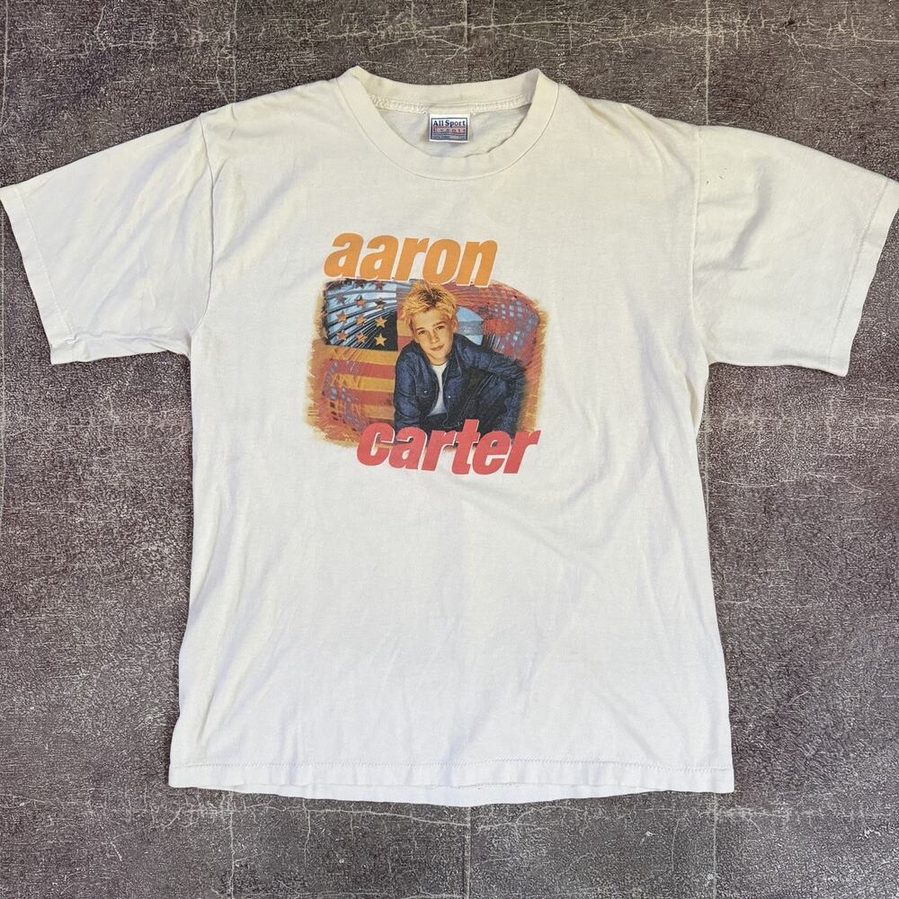 Men's Vintage Y2K AllSport Aaron Carter Party Album White Hip Hop T Shirt Sz L